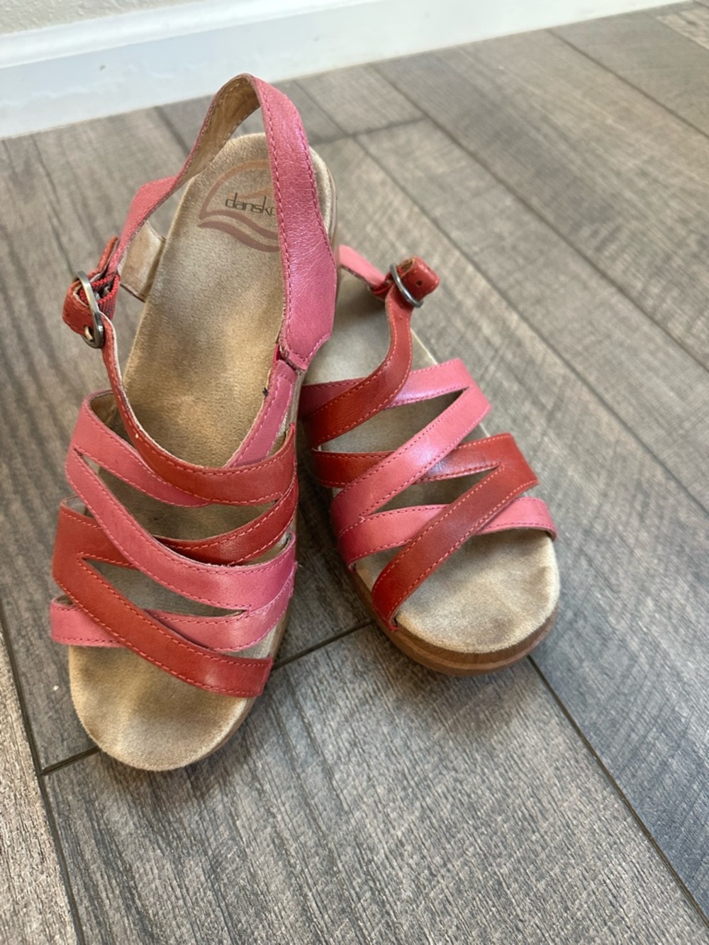 Dansko Two-Tone Pink and Red Leather Strappy Sandals